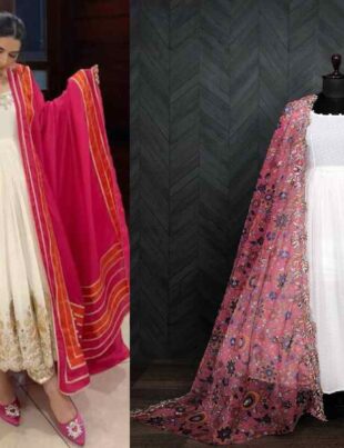 white anarkali dress with red dupatta