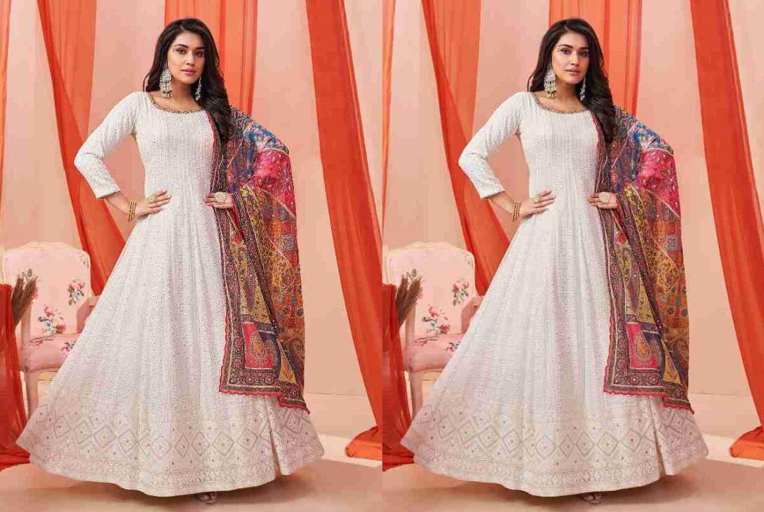 White Anarkali Dress with Red Dupatta