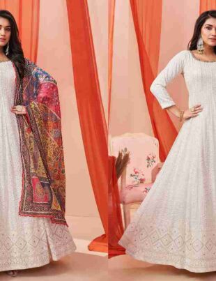 White Anarkali Dress with Red Dupatta