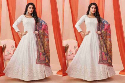White Anarkali Dress with Red Dupatta